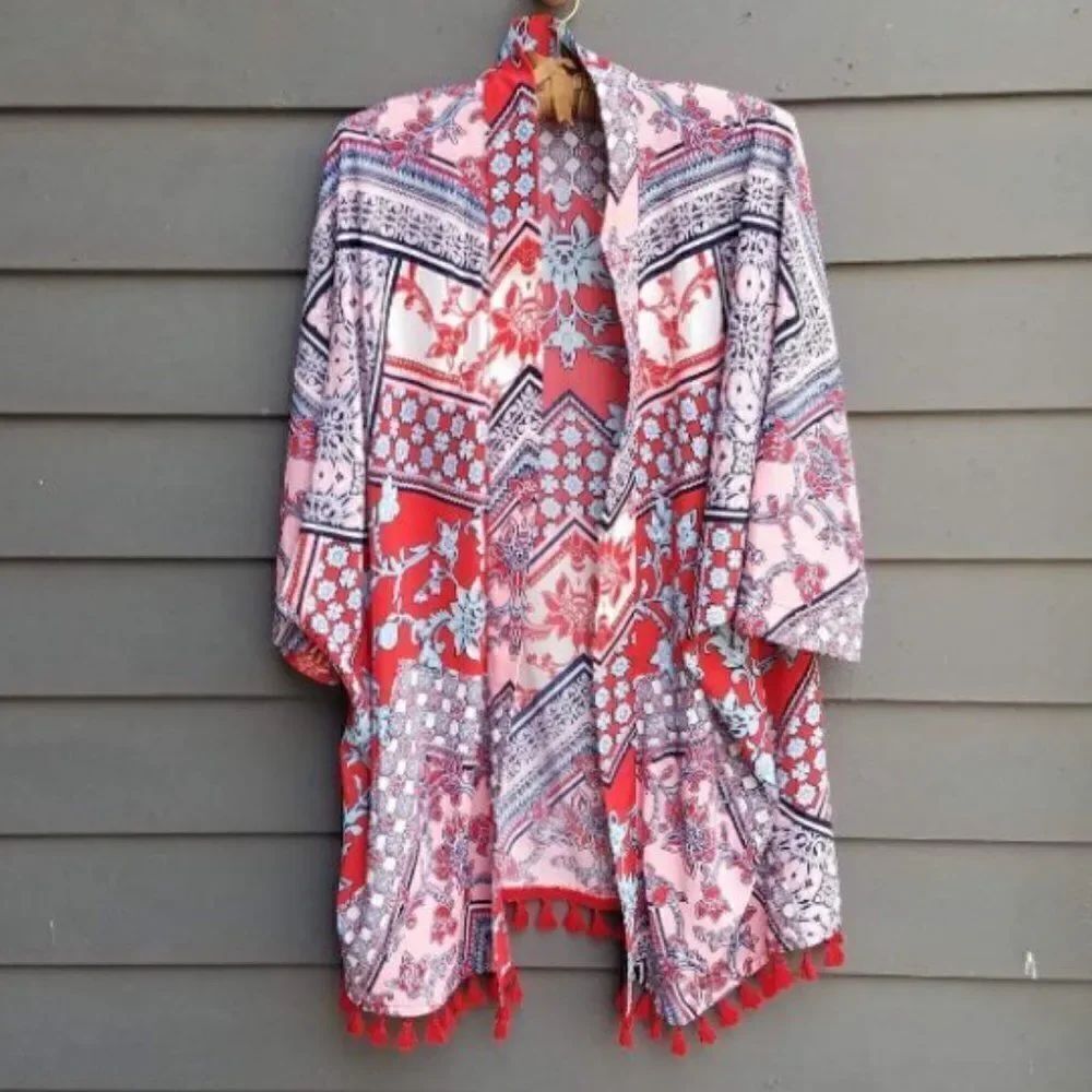 Joy Joy Sheer Kimono with red Tassels size S/M